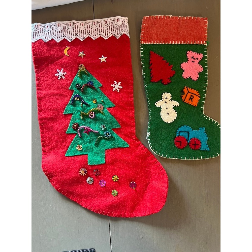 Handmade Vintage Christmas Stockings Set 2 Red Green Felt Sequin Applique Retro